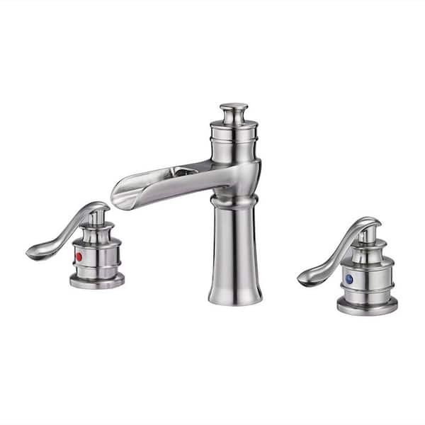 FLG 8 in. Widespread Double Handle Waterfall Bathroom Faucet 3 Holes Brass Modern Sink Basin Taps in Brushed Nickel