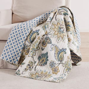 Palladium Grey - Blue Paisley Floral Quilted Cotton Throw Blanket