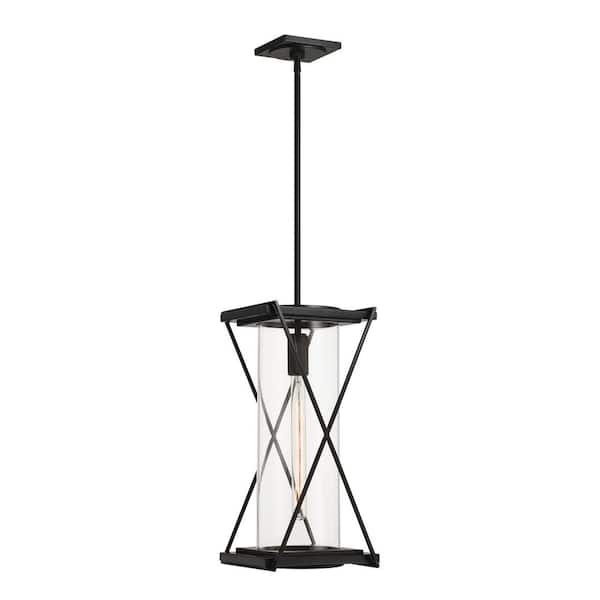 Rockhill 19 in. 1-Light Dark Matte Black Dimmable Outdoor Pendant Light with Clear Glass Shade, No Bulb Included