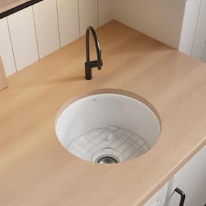 18 in. White Kitchen Sink Undermount, Compact Round Single Bowl Fireclay Basin, Includes Grid and Drain Strainer