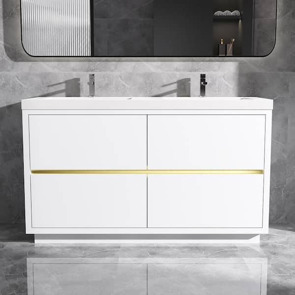 Opvande 60 in. Freestanding Bath Vanity in White with Double Solid Surface Sink Top in White