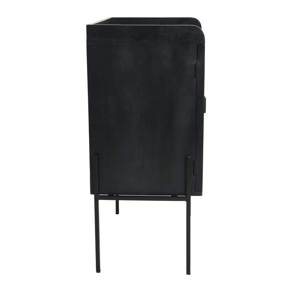 Black and Natural Solid Wood Bar Cabinet with Woven Cane Doors