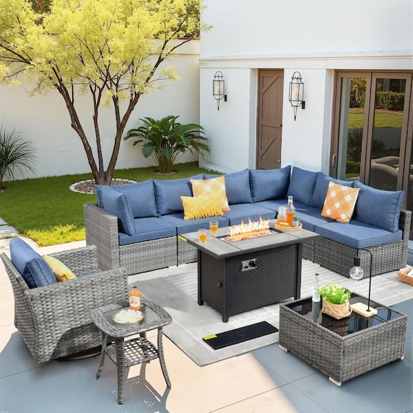 HOOOWOOO Messi Gray 10-Piece Wicker Outdoor Patio Conversation Sectional Sofa Set with a Metal Fire Pit and Denim Blue Cushions