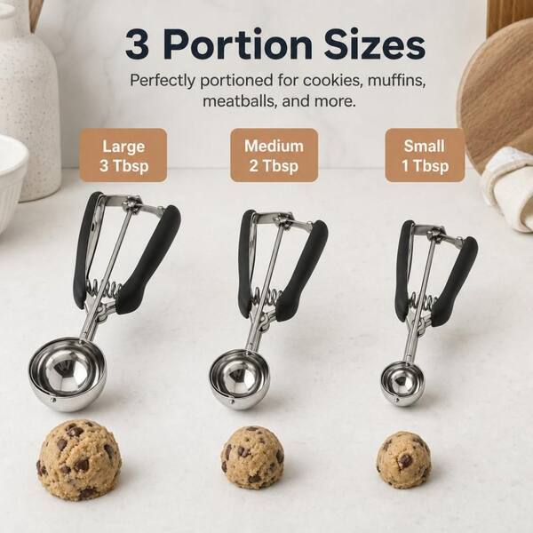 Numhew 3-Piece 18/8 Stainless Steel Silver Cookie Scoop Set with
