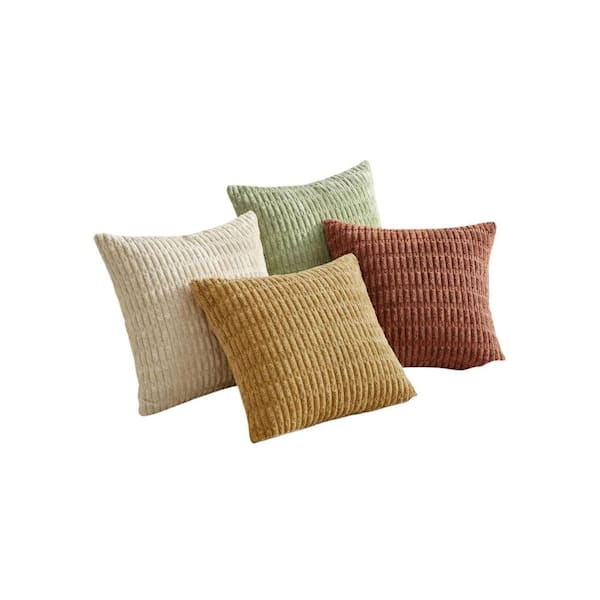 Green Striped Bohemian Farmhouse Throw Pillow Covers, 18x18 Inch, Set of 4, Corduroy Decorative Pillow Covers