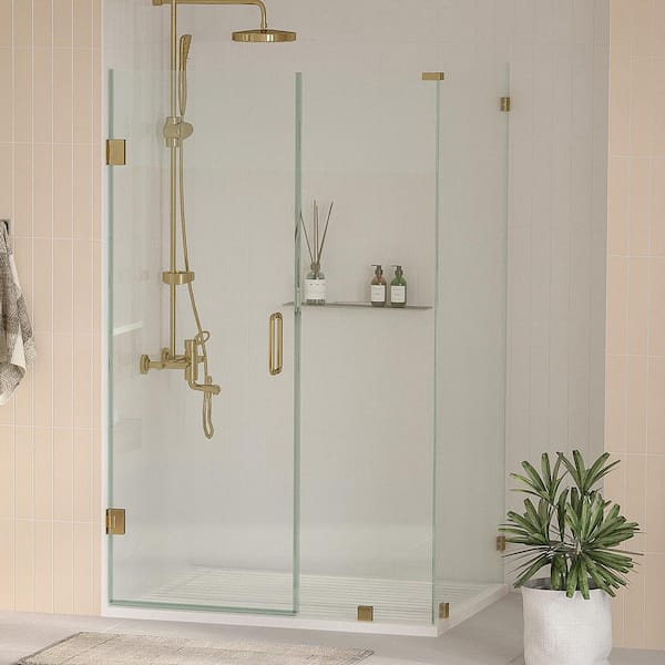 Kobiworks Nirvana 42 in. W x 40 in. L x 76 in. H Pivot Frameless Corner Shower Enclosure in Brushed Gold with 3/8 in. Clear Glass