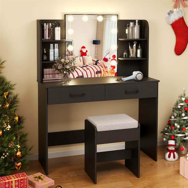 2-Piece Black Makeup Vanity Set with Lighted Mirror Charging Station 3-Color Dimmable LED Lights