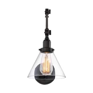 Drake 7.5 in. W x 17 in. H 1-Light English Bronze Wall Sconce with Clear Glass Shade and Included Cord/Plug