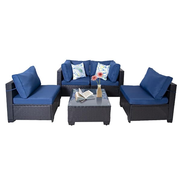 Unbranded Modern 5-Pieces Black Wicker Outdoor Sofa Patio Conversation Seating Set with Blue Cushions