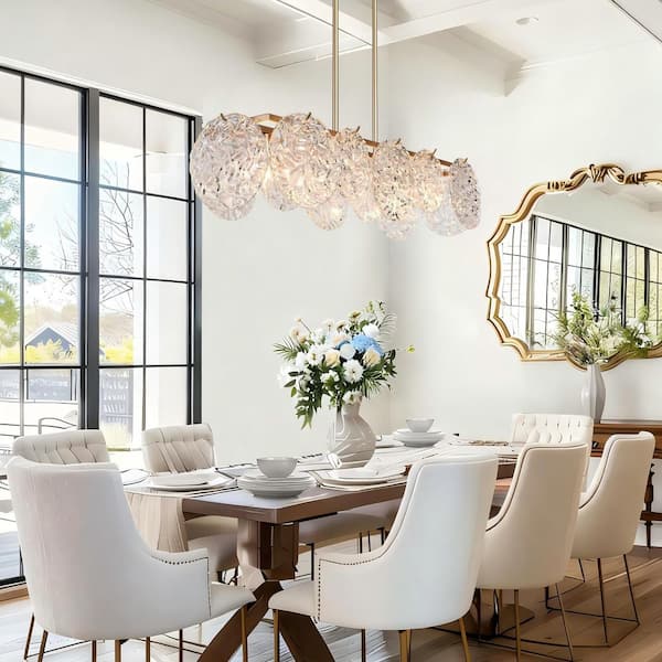 33 in. 5-Light Dark Gold Island Chandelier Lighting, Modern Farmhouse Pendant Light with Water Ripple Clear Glass Shade