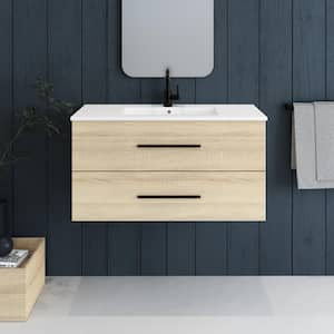 Napa 36 W x 18 D x 21-3/8 H Single Sink Bathroom Vanity Wall Mounted In White Oak with Ceramic Integrated Countertop