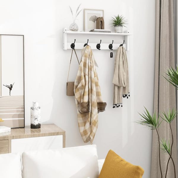24 in. W x 4.5 in. D White Coat Rack with Shelf Wall Mount Decorative Wall Shelf, Wood Wall Shelf with Hooks