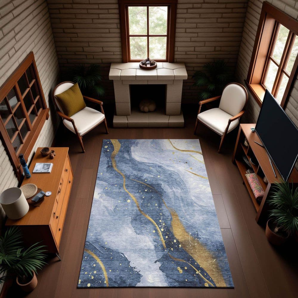 Mayfield Premium Machine Washable Abstract AMF1529 Blue 3 ft. x 5 ft. Area Rug price history on PriceWatchPro