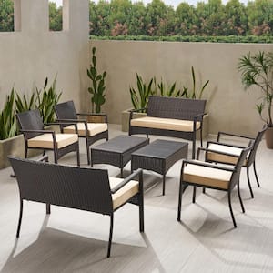 Cancun Multi-Brown 8-Piece Metal Patio Conversation Seating Set with Dark Cream Cushions