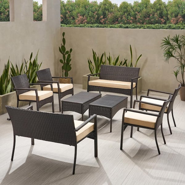 Noble House Cancun Multi-Brown 8-Piece Metal Outdoor Patio Conversation Seating Set with Dark Cream Cushions