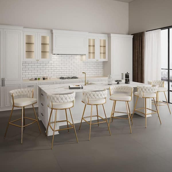 26 in. Braided Bar Stools Set - Counter Height Kitchen Island Stools with Back Support, Metal White Bar Chairs Set of 6