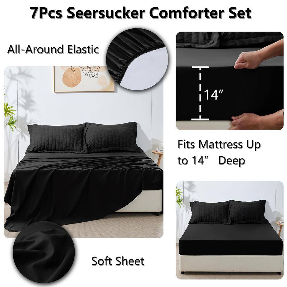 Full Black Microfiber Seersucker Comforter Set with Sheets