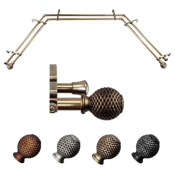 EMOH Aeliana 20-36 in. sides, 38-72 in. center Adjustable Bay Window Double Curtain Rod 13/16 in. Antique Brass with Finial