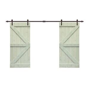60 in. x 84 in. K Series Sage Green Stained Solid Knotty Pine Wood Interior Double Sliding Barn Door with Hardware Kit