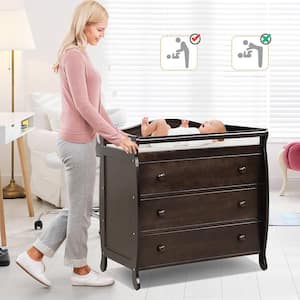 Brown 3 Drawer Baby Changing Table Infant Diaper Changing Station w/Safety Belt