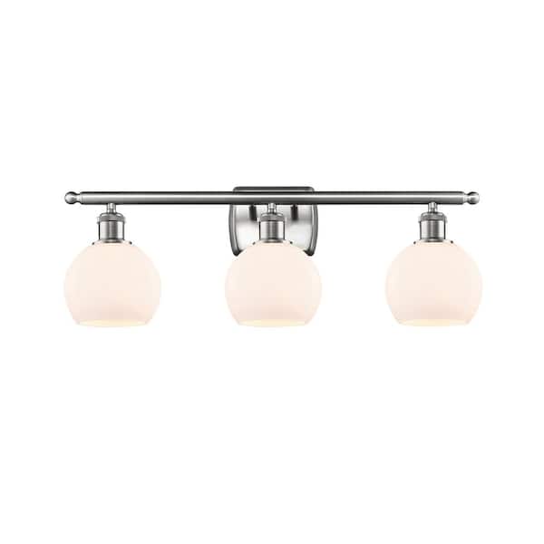 Athens 26 in. 3-Light Brushed Satin Nickel, Matte White Vanity Light with White Glass Shade