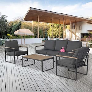 Black Metal 4 Piece Patio Outdoor Sofa Sectional Set with Gray Cushions, Acacia Wood Top, 1 Coffee Table for Garden