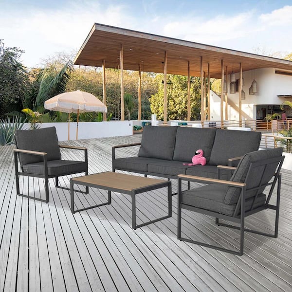 Zeus & Ruta Black Metal 4 Piece Patio Outdoor Sofa Sectional Set with Gray Cushions, Acacia Wood Top, 1 Coffee Table for Garden