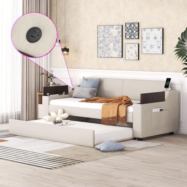 Qualler Beige Twin Size Daybed with Trundle, Storage Arms and USB Ports