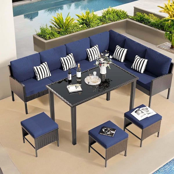7-Piece Patio Furniture Wicker Outdoor Dining Set with Blue Cushions and 1-Dining Table