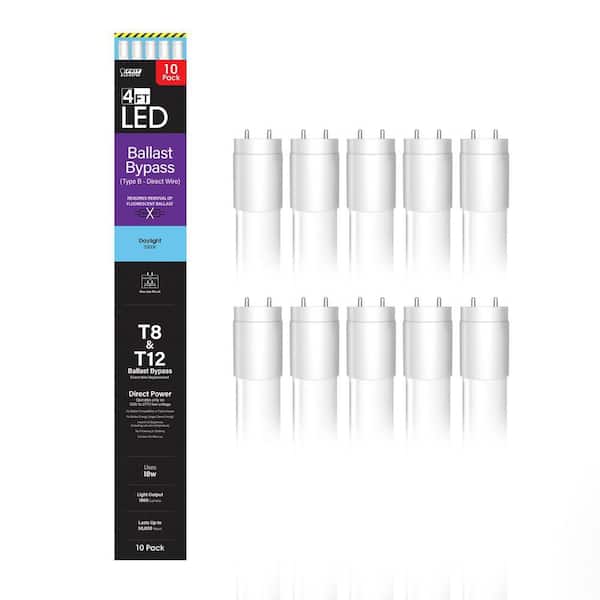 32-Watt Equivalent 4 ft. White Linear Tube T8/T12 G13 Type B Ballast Bypass LED Light Bulb, Daylight 5000K (10-Pack)