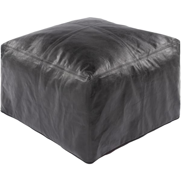 Livabliss Cleyera Solid Black Leather Rectangle Accent Pouf
