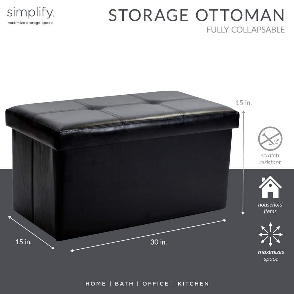 Black Faux Leather Collapsible Storage Ottoman with Tufted Top