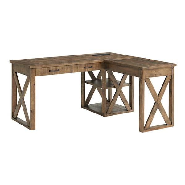 Benjara 60 in. L Shape Brown, Black Wood 2-Drawers Writing Desk with Biometric Biometric Lock