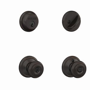 Aged Bronze Single Cylinder Deadbolt with Georgian Entry Door Knob Combo Pack