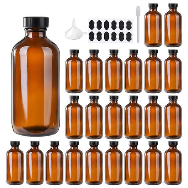 4 oz. Glass Amber Boston Bottle Black Cap 24 Pack for Vanilla Extract Essential Oils Wedding Christmas Holiday Gifts