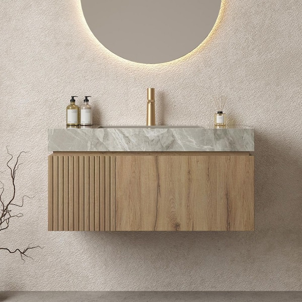36 in. Single Sink Floating White Oak Bath Vanity with Light Gray Sintered Stone Top