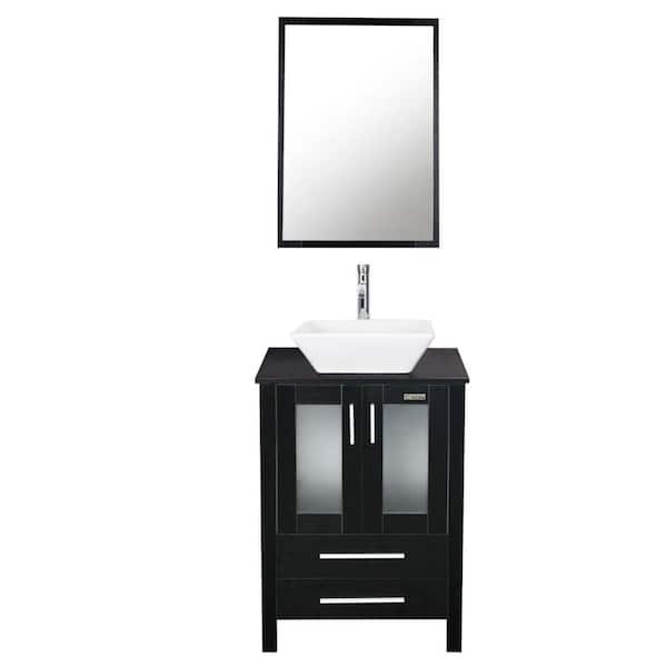 eclife 24 in. W x 20 in. D x 32 in. H Single Sink Bath Vanity in Black with Ceramic Vessel Sink Top Chrome Faucet and Mirror