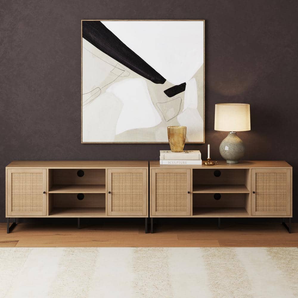 Mina Light Oak and Rattan TV Stand Set with Matte Black Accents
