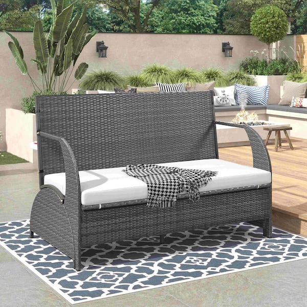Polibi 1-Piece Metal Outdoor Loveseat Bench with Table for Gardens and Lawns, Beige Cushions