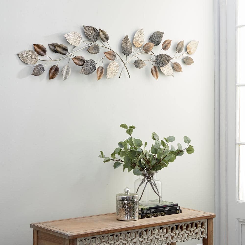 Large Metal Silver and Bronze Textured Leaf Wall Decor, 50 x 15