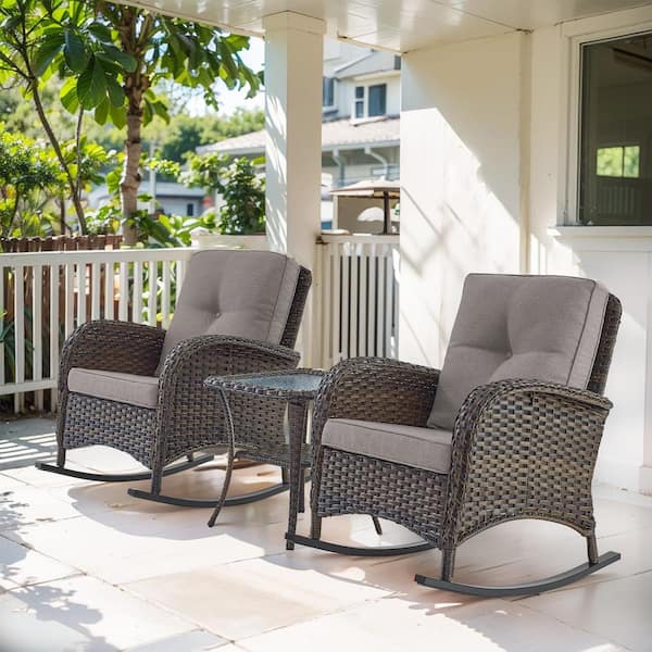 Gymojoy Brown 3-Piece Wicker Patio Conversation Set with Gray Cushions