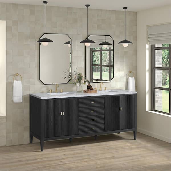 Myrrin 72.0 in. W x 23.5 in. D x 34.06 in. H Bathroom Vanity in Carbon Oak with Carrara White Marble Top