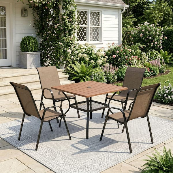 Erovio 5-Piece Metal Outdoor Dining Set with 37.8 in. Walnut Square ...