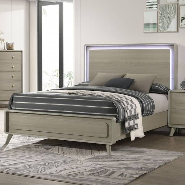 Sander Gray Wood Frame Queen Panel Bed with LED on Wood Headboard