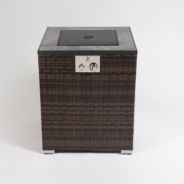 Unbranded Brown 28 in. Wicker Outdoor Gas Fire Pit Table, Propane Fire Column with Ceramic Tabletop