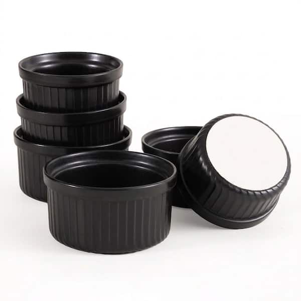 6-Piece Round Ceramic Ramekin Set with Frosted Black Pattern for Baking Souffle Desserts and Oven Safe Use