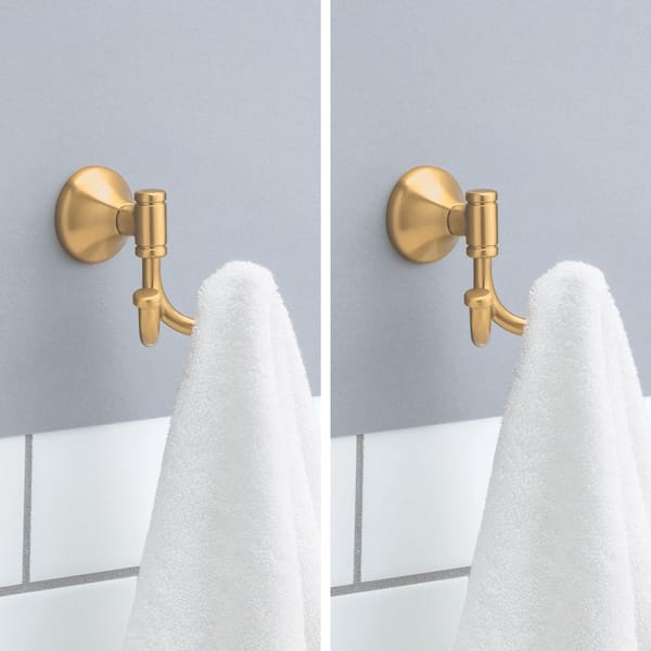Foundations Design Series J-Hook Double Robe/Towel Hook Bath Hardware Accessory in Brushed Gold (Pack-2)