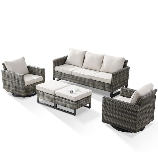 Carlos Beige 5-Piece All-Weather Gray Wicker Outdoor Sectional Set with 3-Seat Sofa and Ottomans
