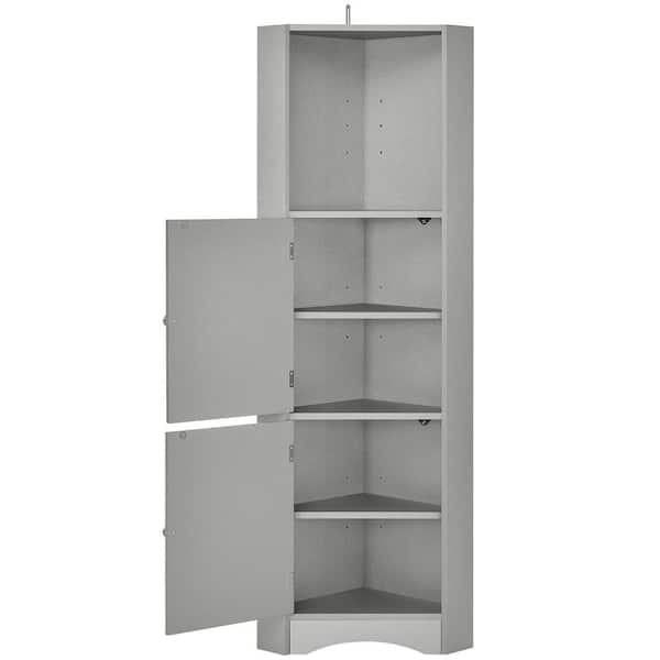 cadeninc 14.96 in. W x 14.96 in. D x 61.02 in. H Gray MDF Board Bathroom Corner Linen Cabinet with Doors and Adjustable Shelves