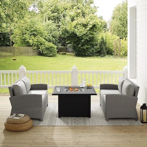 Bradenton Gray 3-Piece Wicker Patio Fire Table Seating Set with Gray Cushions
